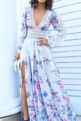 Long Sleeve Floor-Length V-Neck Split Summer Women's Dress Sai Feel